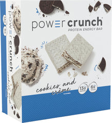 Power Crunch Cookies and Creme bar with creamy wafer texture, ideal for on-the-go protein snack.