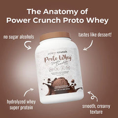 Power Crunch Proto Whey powder scoop highlighting high DH protein for rapid absorption.