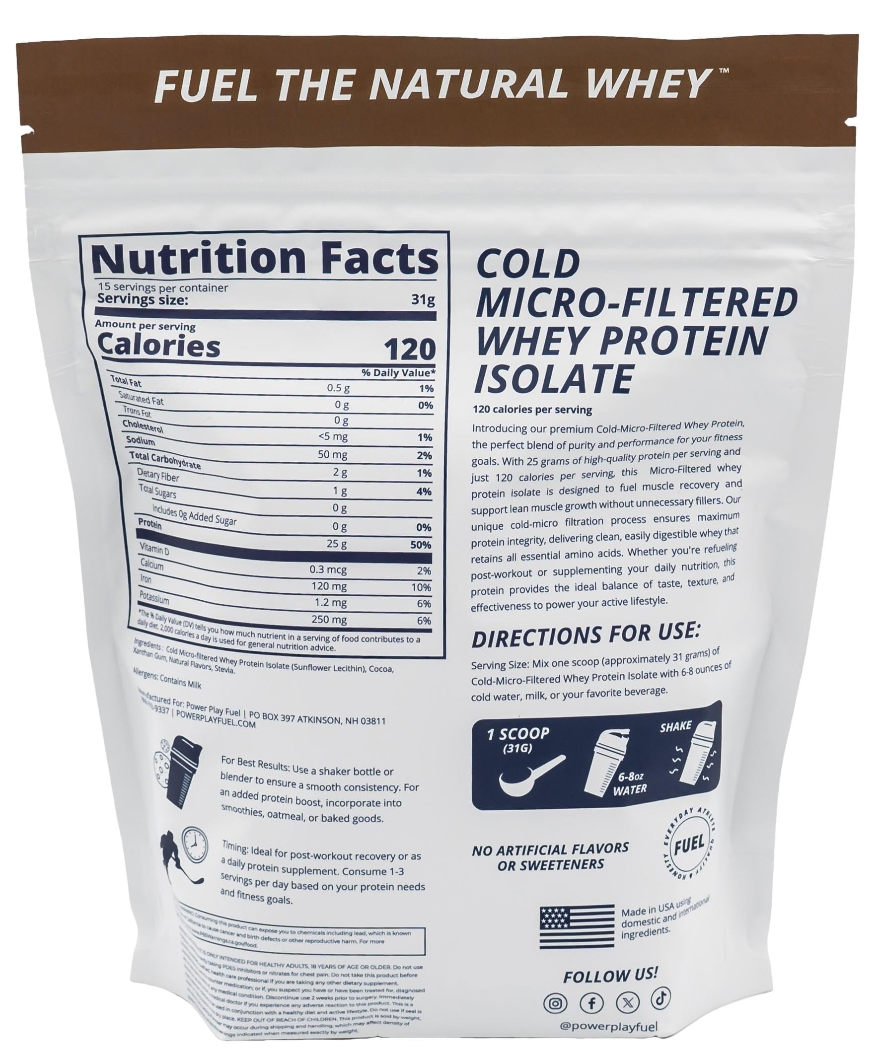 POWER PLAY FUEL chocolate label close-up highlights keto-friendly protein.