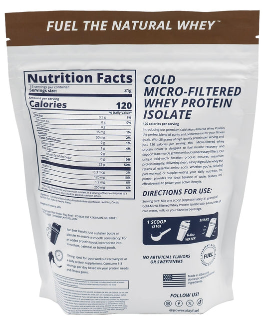 POWER PLAY FUEL chocolate label close-up highlights keto-friendly protein.