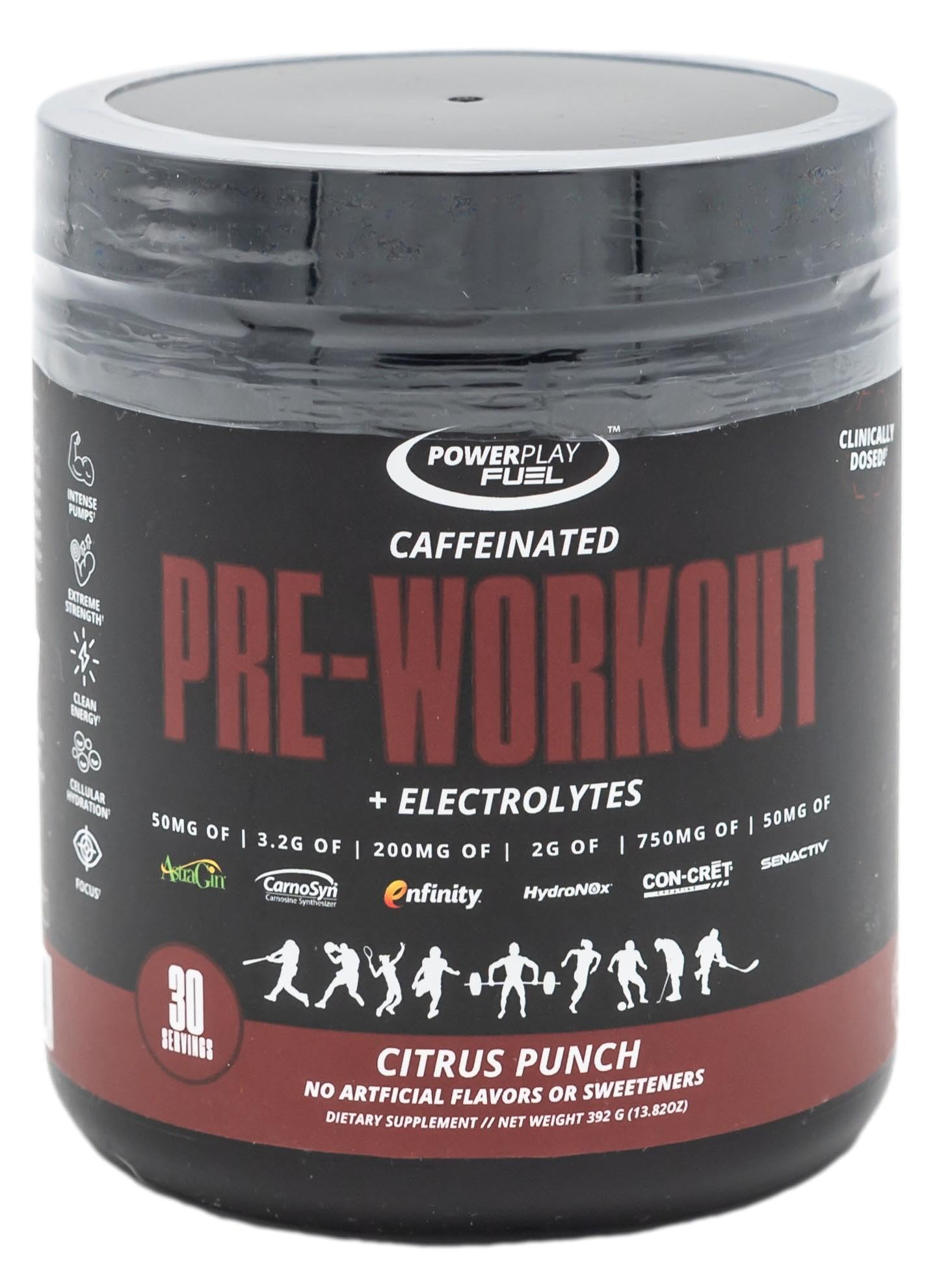 POWER PLAY FUEL Citrus Punch bottle closeup for pre-workout energy.