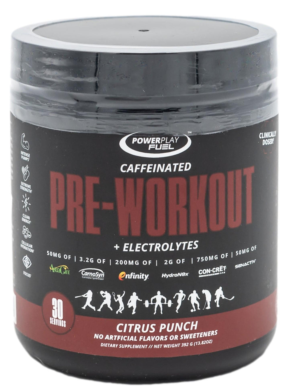 POWER PLAY FUEL Citrus Punch bottle closeup for pre-workout energy.