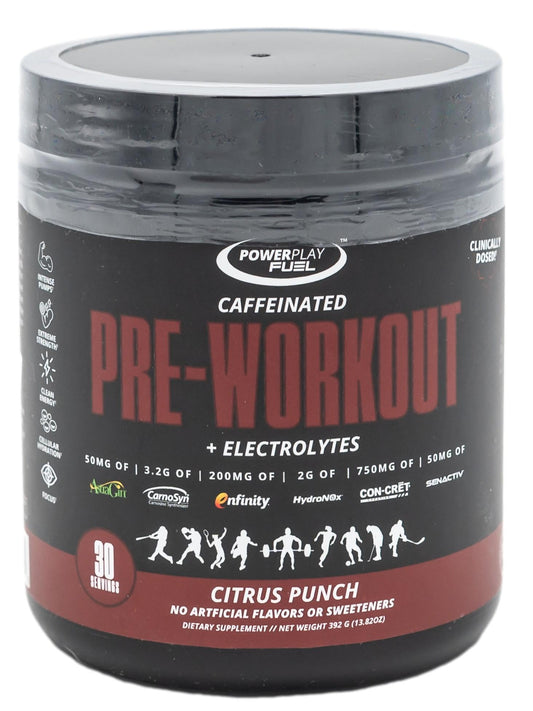 POWER PLAY FUEL Citrus Punch bottle closeup for pre-workout energy.