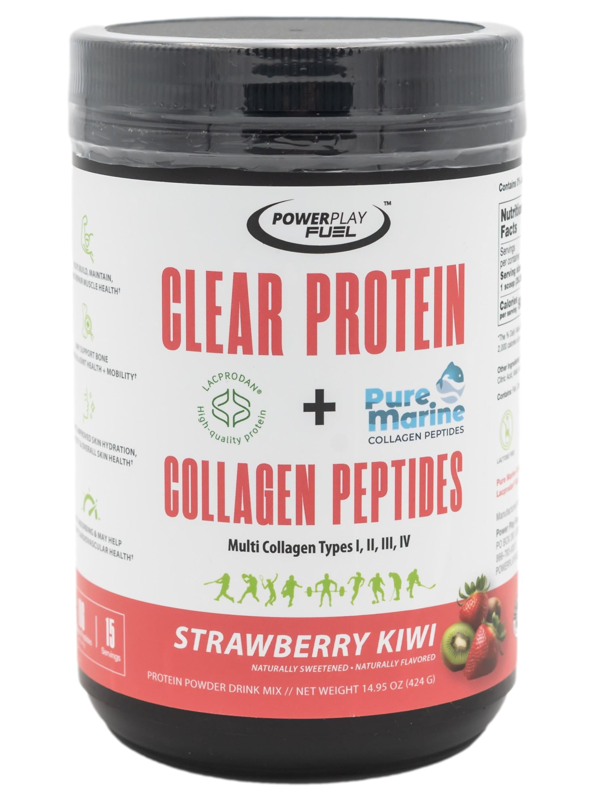POWER PLAY FUEL Clear Protein bottle pouring for refreshing post-workout hydration.