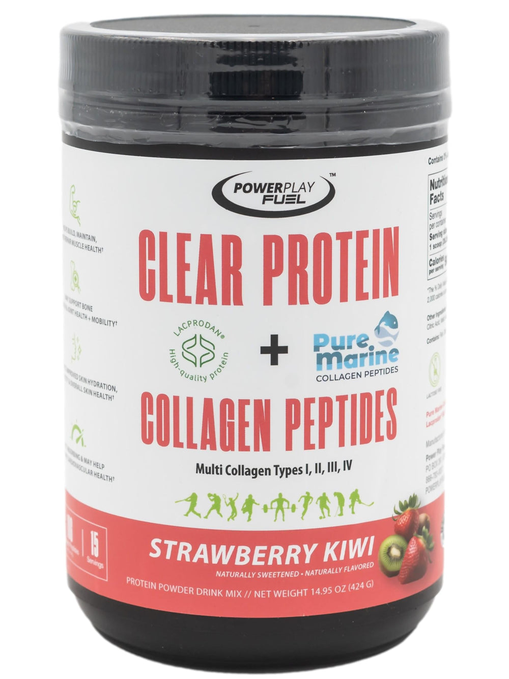 POWER PLAY FUEL Clear Protein bottle pouring for refreshing post-workout hydration.