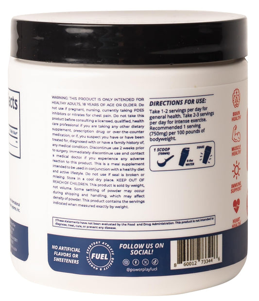 Scoop and cup with POWER PLAY FUEL Creatine HCl powder for faster absorption.