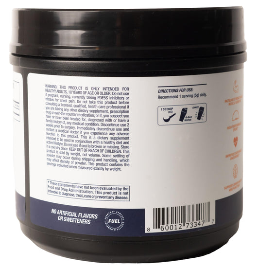 Power Play Fuel unflavored creatine monohydrate powder bag shows pure formula for easy mixing.