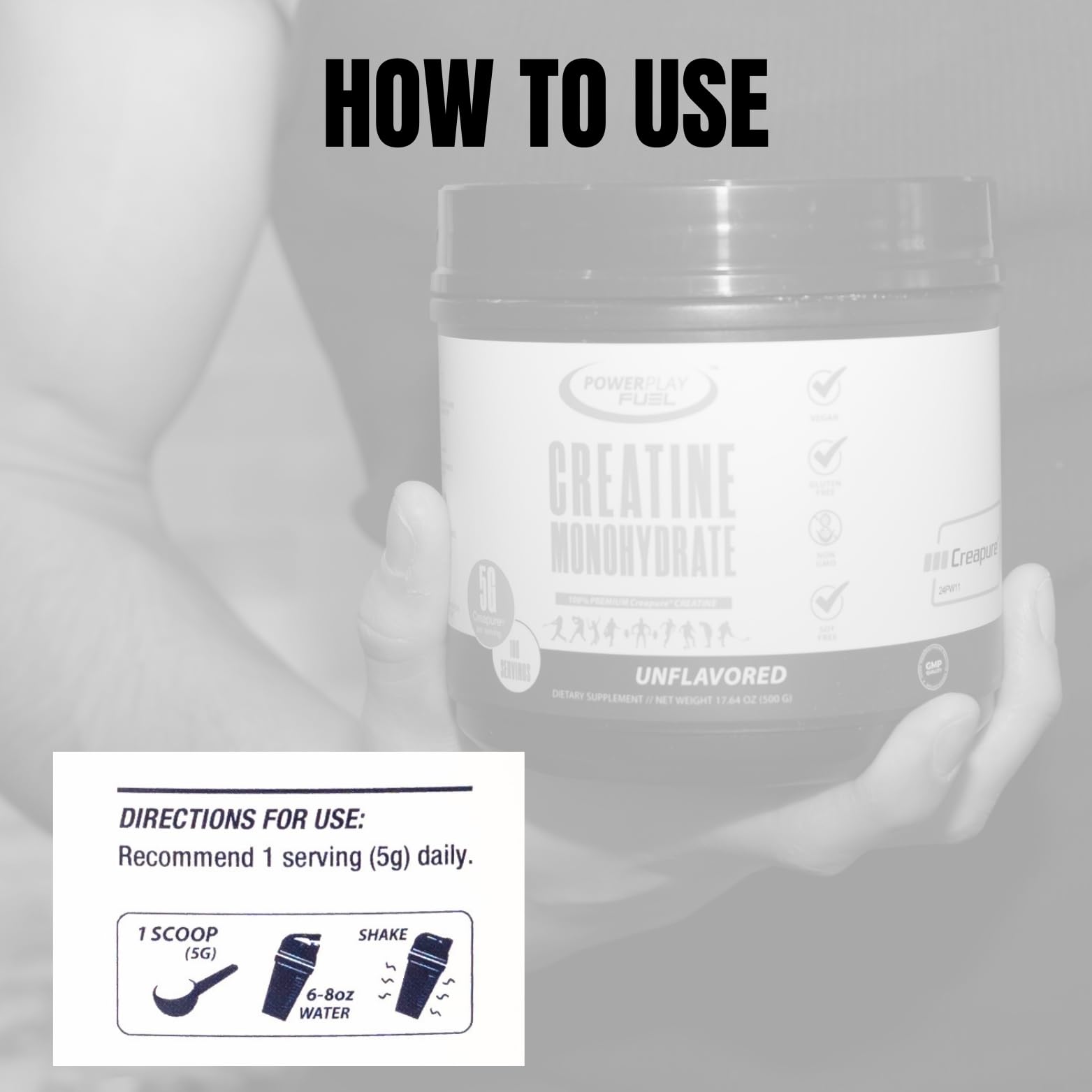 Power Play Fuel gluten-free vegan creatine monohydrate label for clean nutrition.