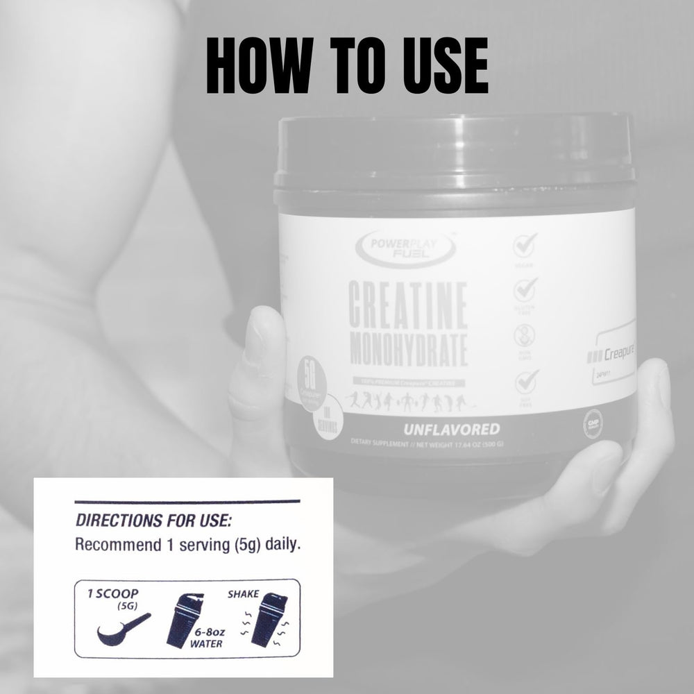 Power Play Fuel gluten-free vegan creatine monohydrate label for clean nutrition.