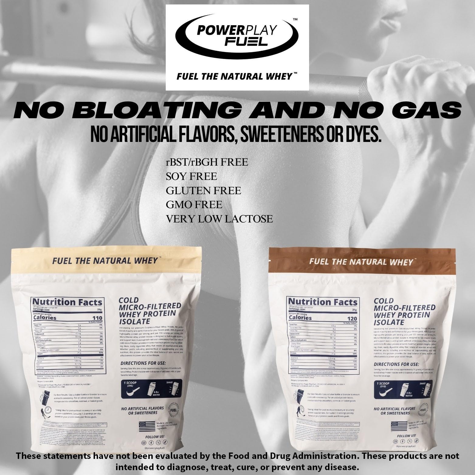 POWER PLAY FUEL gluten-free zero sugar label emphasizing a clean macros claim