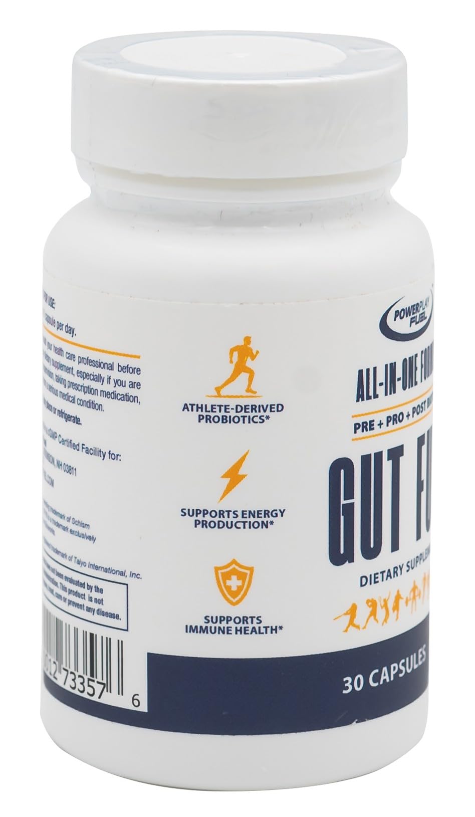 POWER PLAY FUEL Gut Fuel bottle label highlighting clinically validated probiotics for immune support.