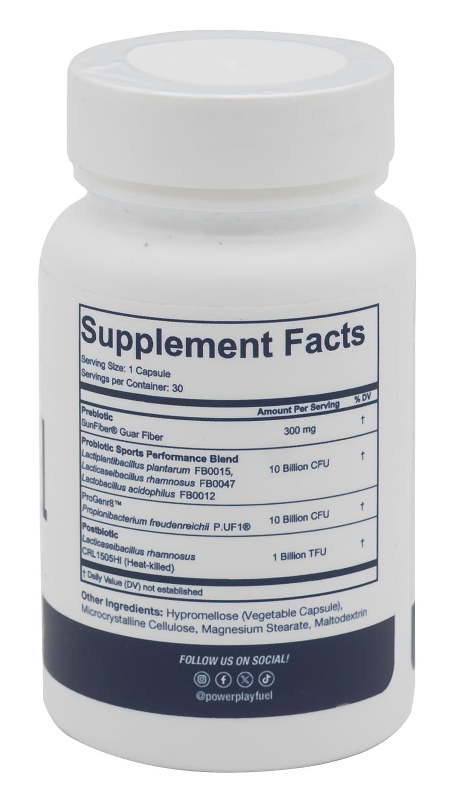 POWER PLAY FUEL Gut Fuel packaging inset detailing one-capsule daily routine for gut health.