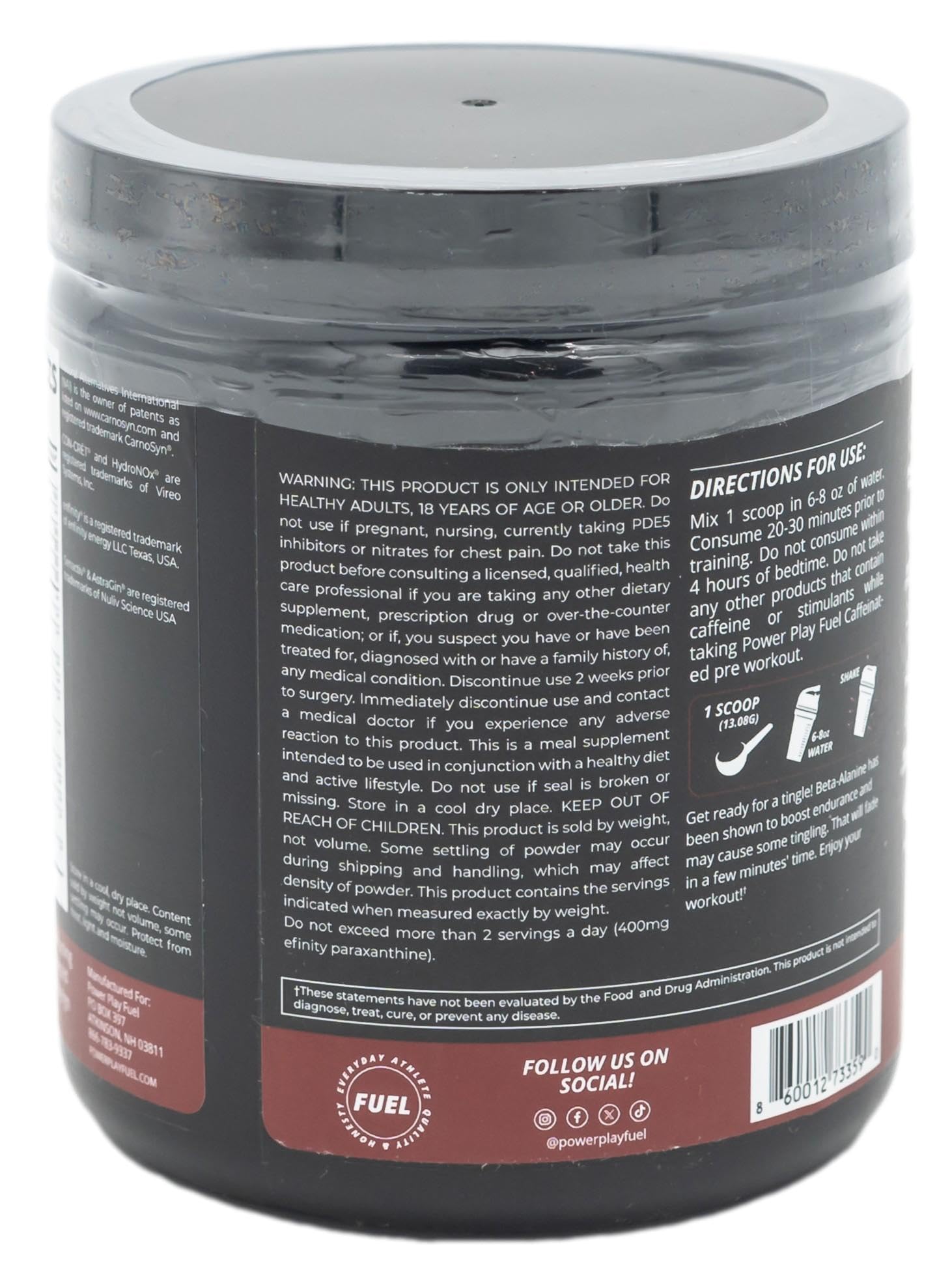 POWER PLAY FUEL ingredients panel highlighting electrolytes and caffeine.