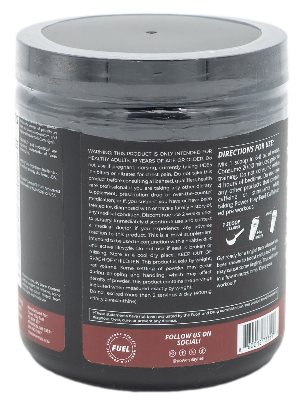 POWER PLAY FUEL ingredients panel highlighting electrolytes and caffeine.