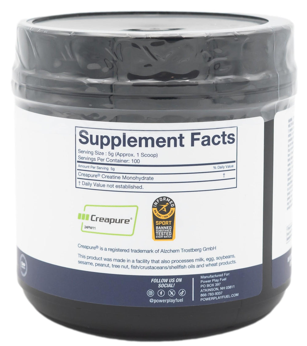 Power Play Fuel micronized creatine monohydrate powder offers fast absorption and smooth shakes.