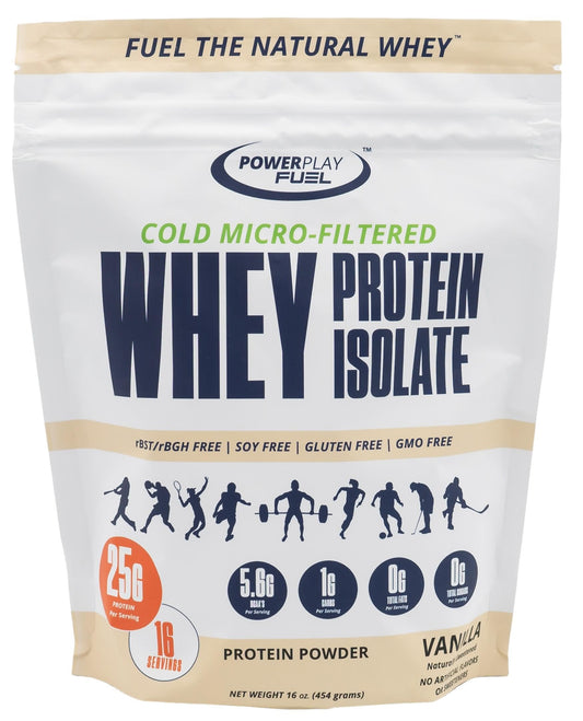POWER PLAY FUEL vanilla whey isolate bottle showcases fast-absorbing protein for post-workout recovery