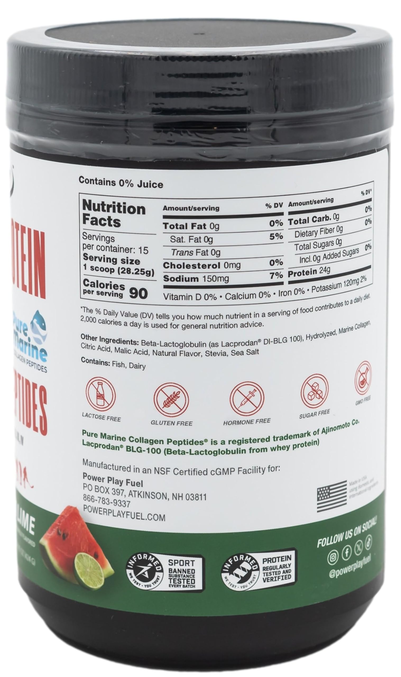 Power Play Fuel Watermelon Lime Clear Protein label close-up highlighting allergen-free ingredients
