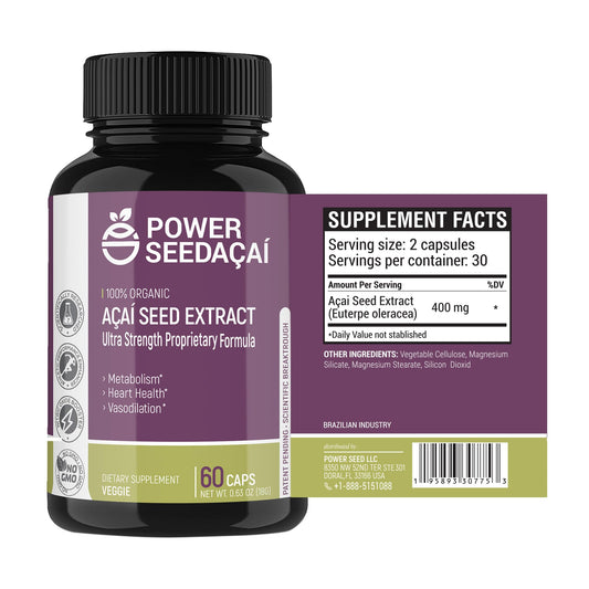Power Seed Acai bottle illustrating nitric oxide support for improved circulation