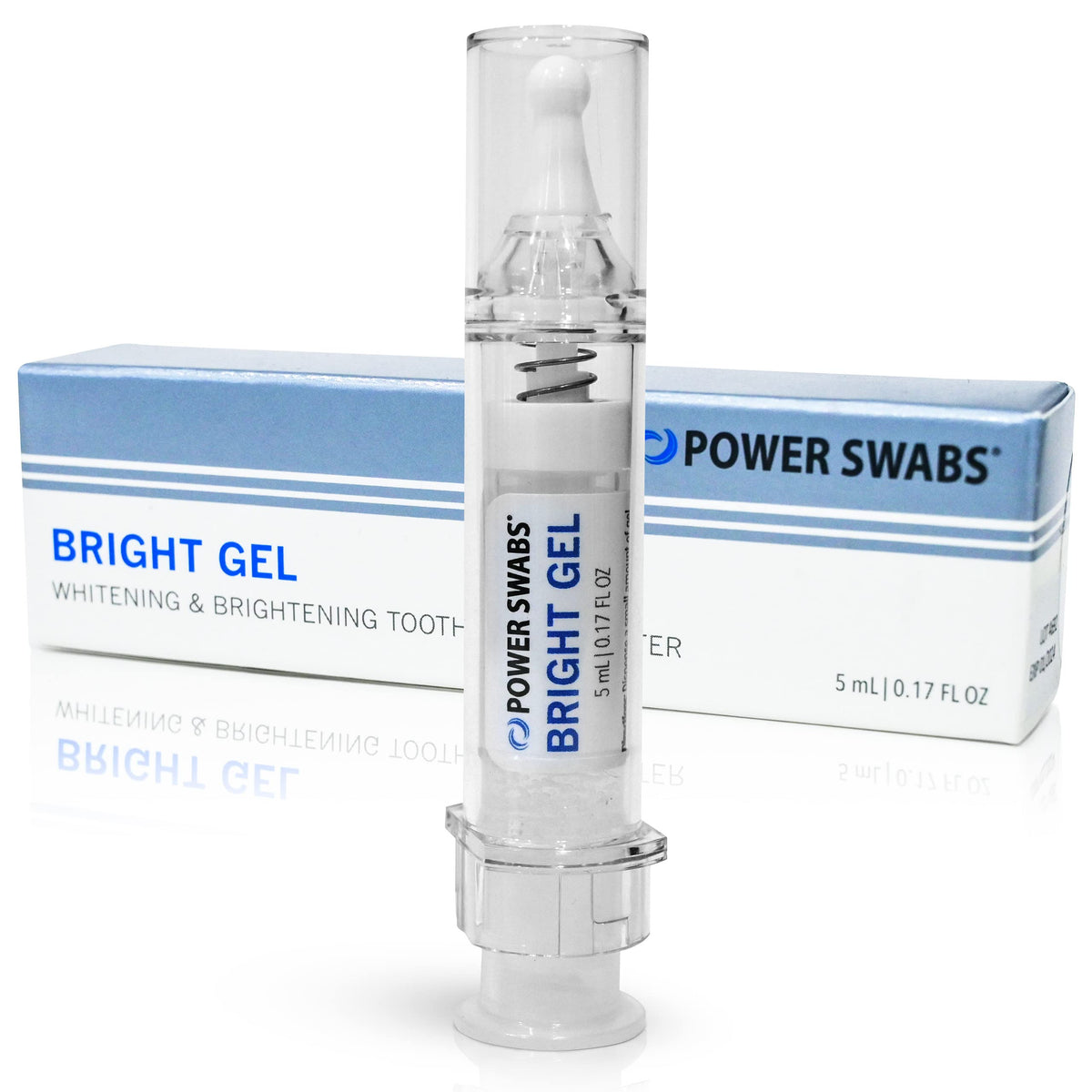 Power Swabs Bright Gel packaging shows a compact tube for easy daily whitening.