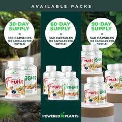 Capsules near fresh fruit and vegetables implying natural nutrients