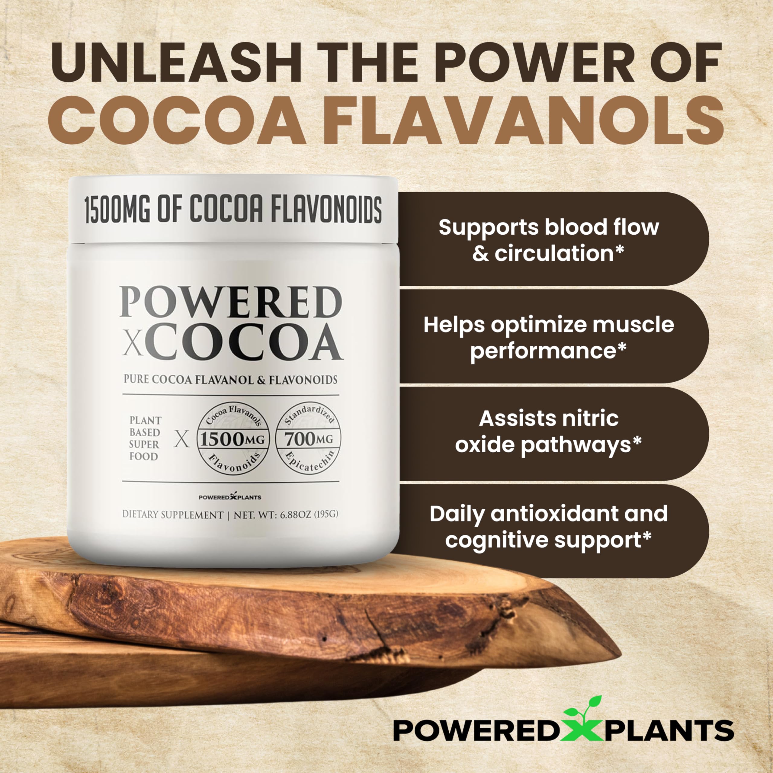 Powered X Plants cocoa powder in cup ready to mix into drinks and recipes.