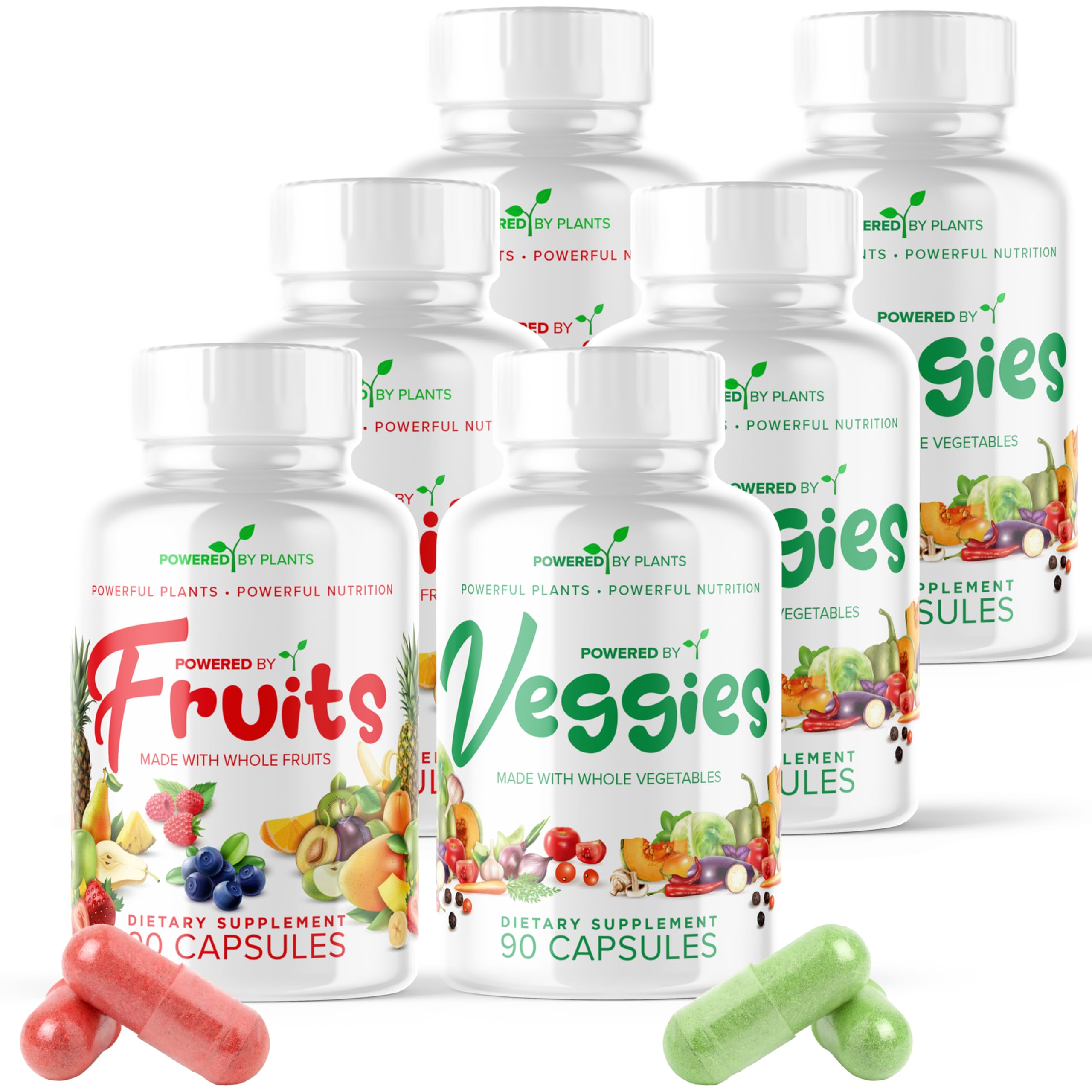 Powered X Plants bottle front view with vegan fruit and veggie capsules for daily use