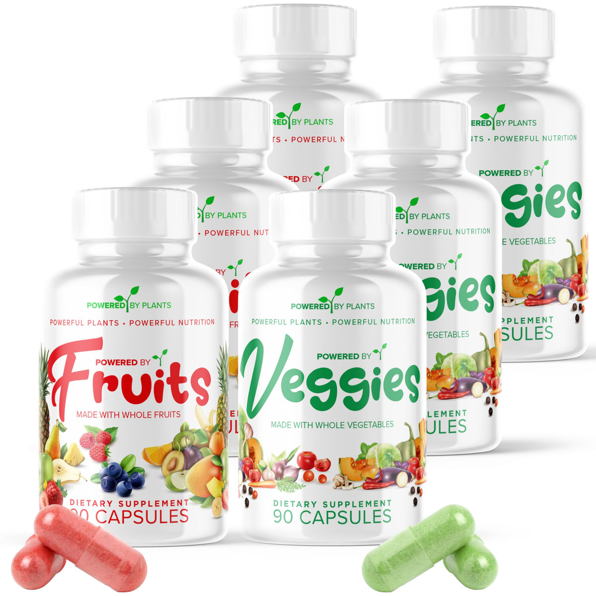 Powered X Plants bottle front view with vegan fruit and veggie capsules for daily use