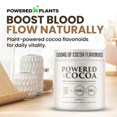 Powered X Plants High Flavanol Cocoa Powder jar highlights premium packaging and quality.