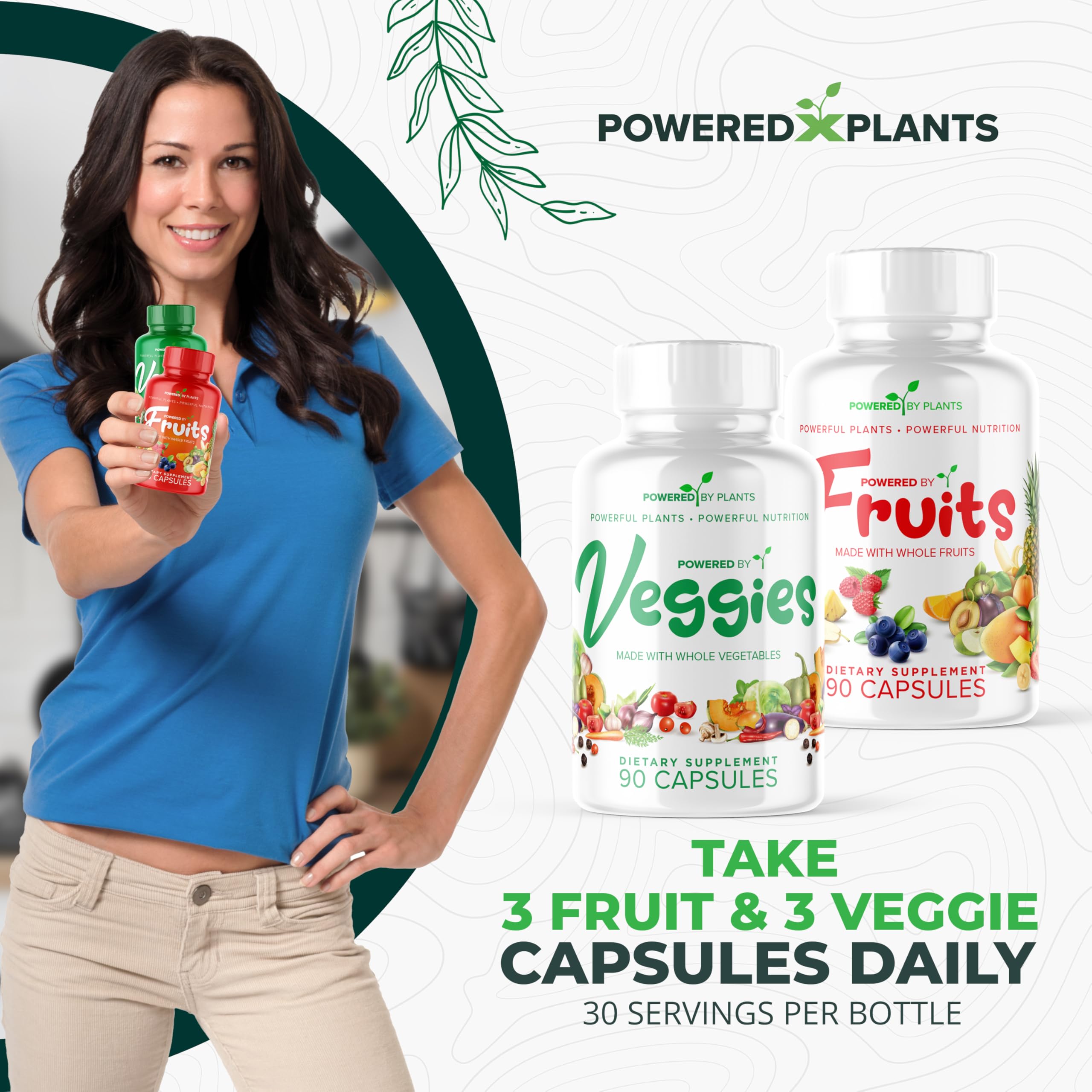 Powered by Plants Daily Fruits and Veggies vitamins-table view highlights 16 fruits and 15 vegetables.