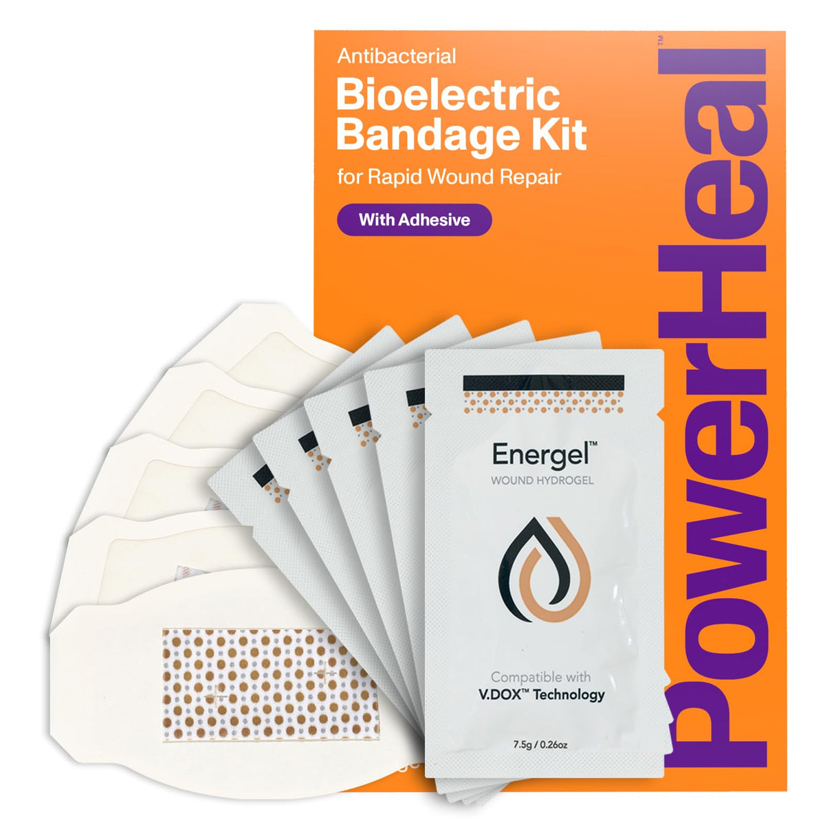PowerHeal bioelectric bandage kit box shows 3-layer design for enhanced wound care.