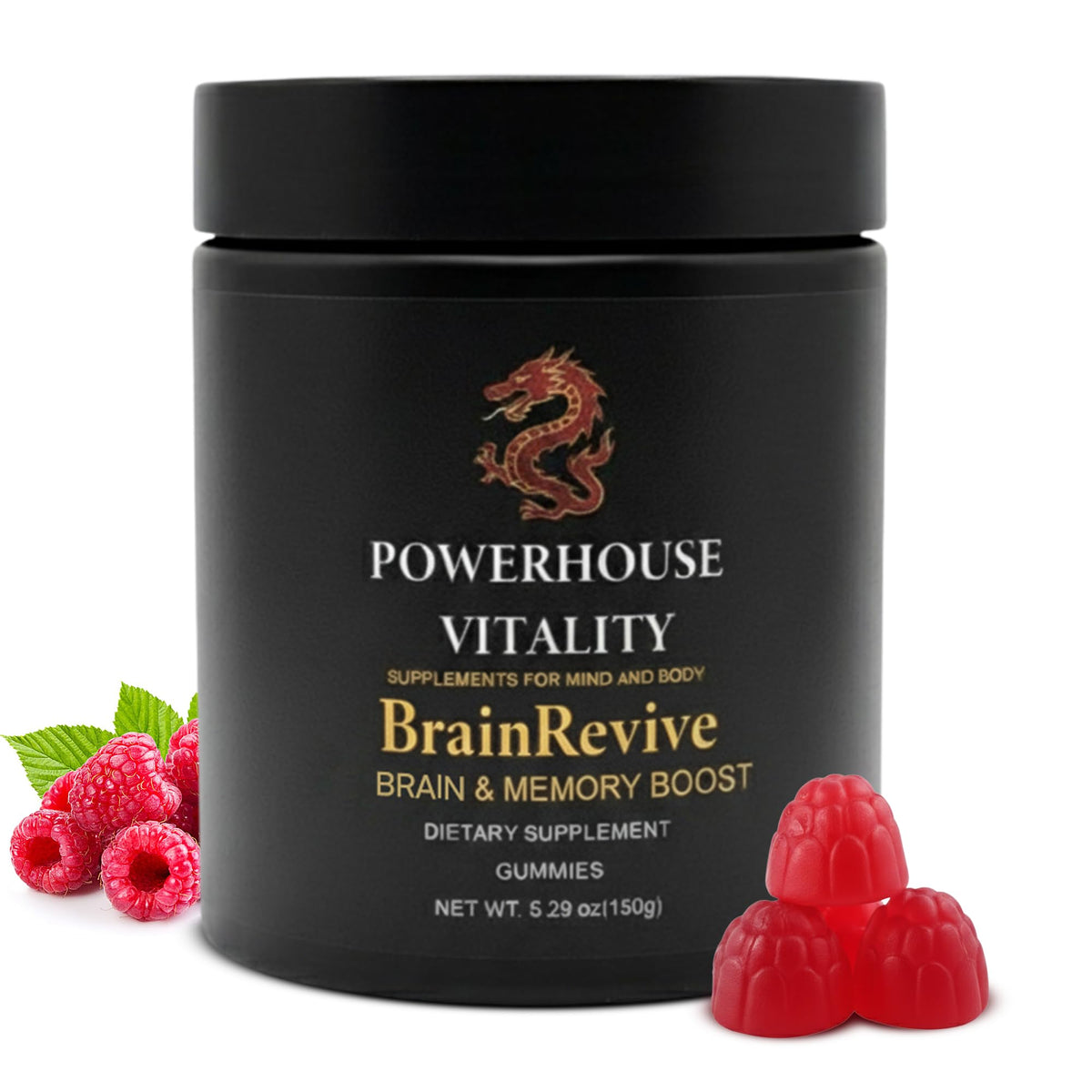 Powerhouse Vitality BrainRevive bottle front highlighting daily cognitive support