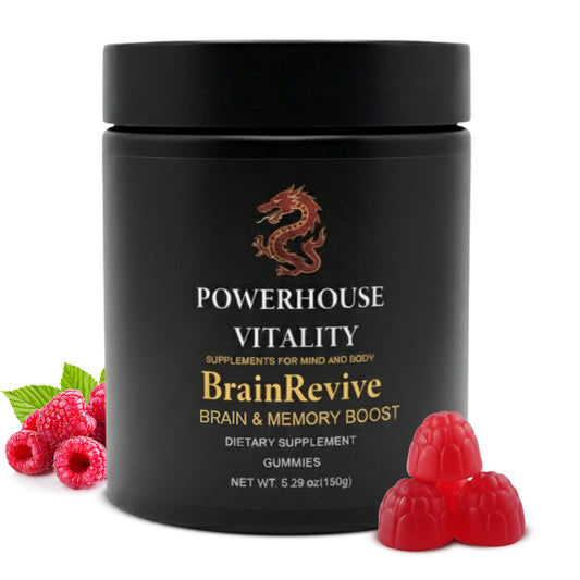 Powerhouse Vitality BrainRevive bottle front highlighting daily cognitive support