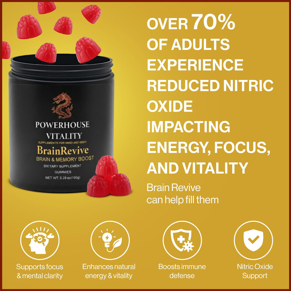 Powerhouse Vitality BrainRevive on a desk setup suggesting study or work focus
