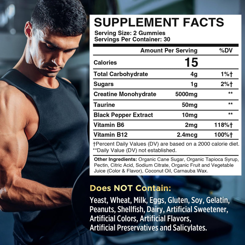 Powerific Creatine Monohydrate Gummies close-up reveals berry flavor and chewable ease.