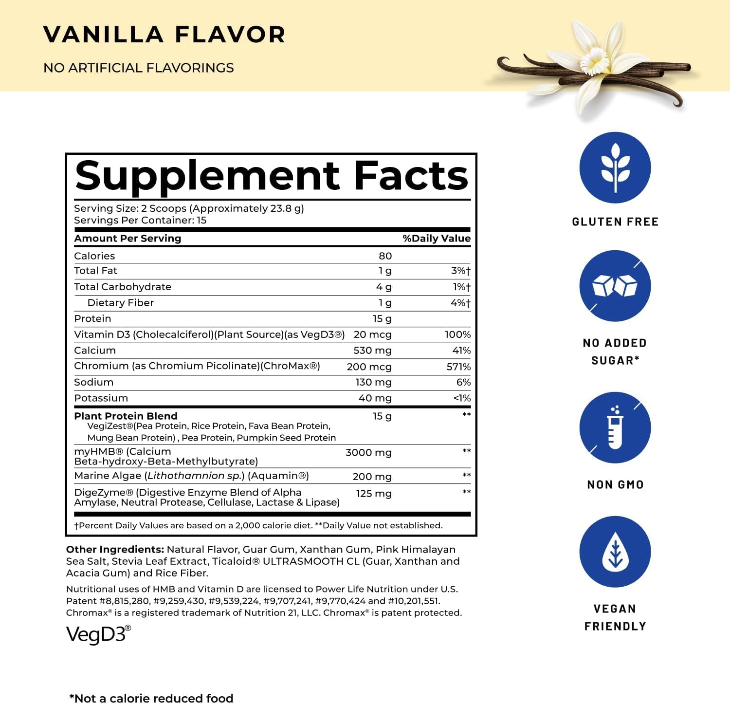 POWERLIFE High Impact Plant Protein label highlights 3000 mg HMB and D3 benefits.