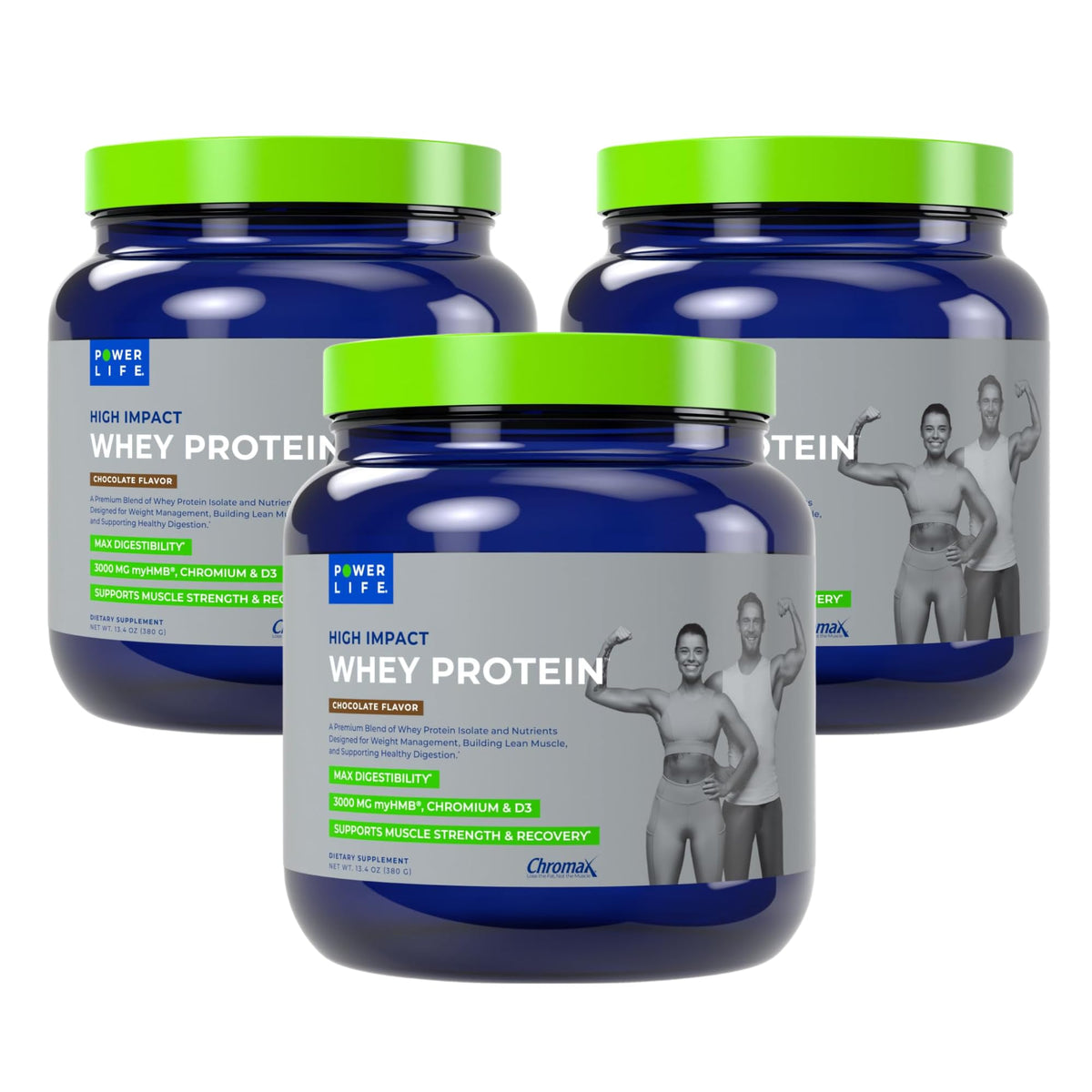 POWERLIFE High Impact Whey Protein tub in chocolate supports lean muscle maintenance.