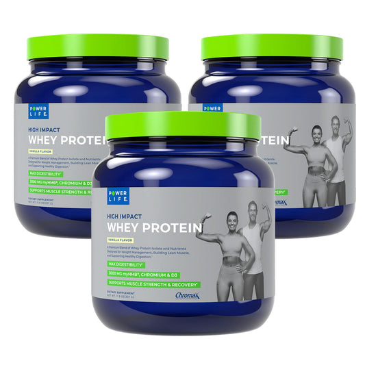 PowerLife High Impact whey bottle pour, showcasing smooth vanilla shake for post-workout support