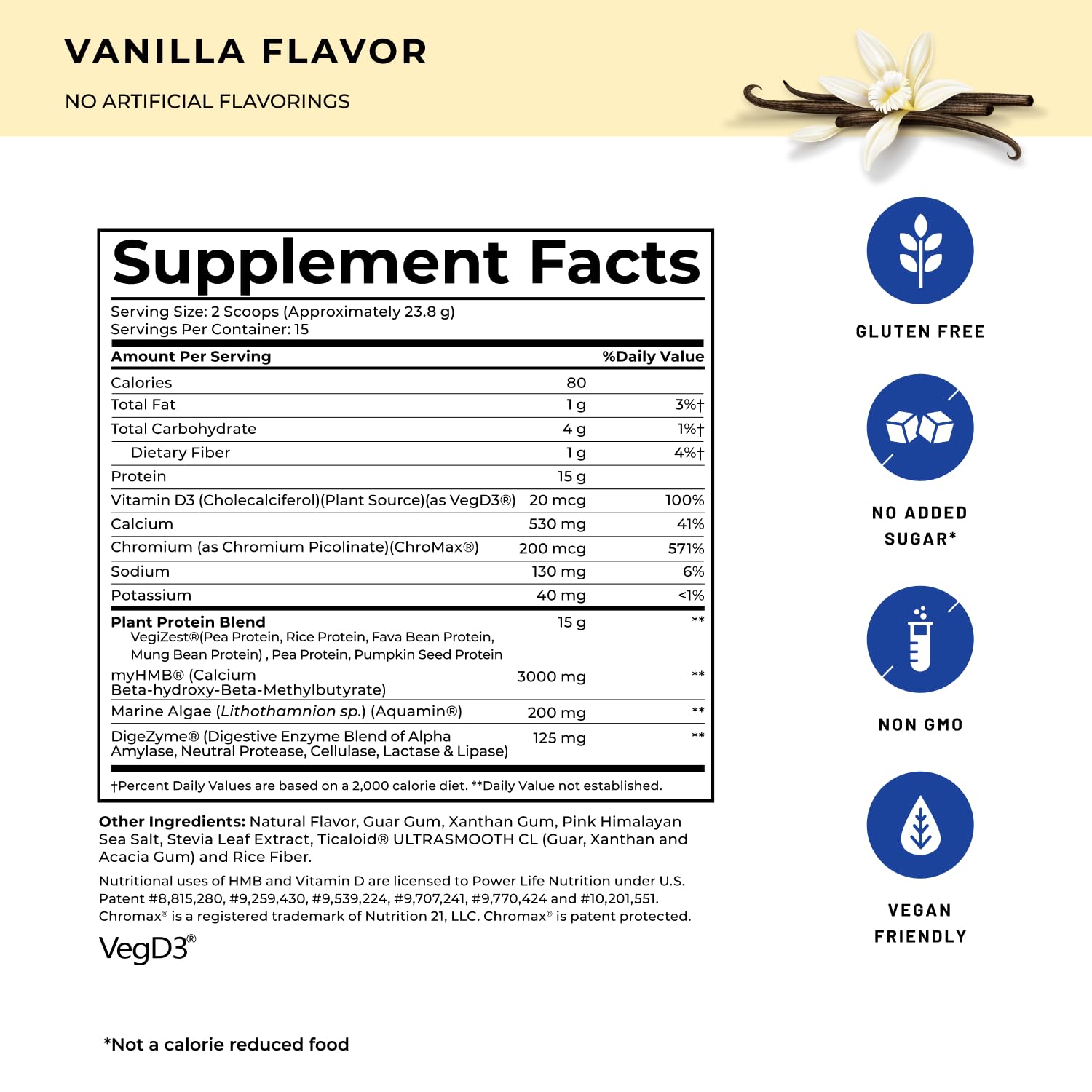 Closeup of PowerLife HMB and Vitamin D3 formula on the label