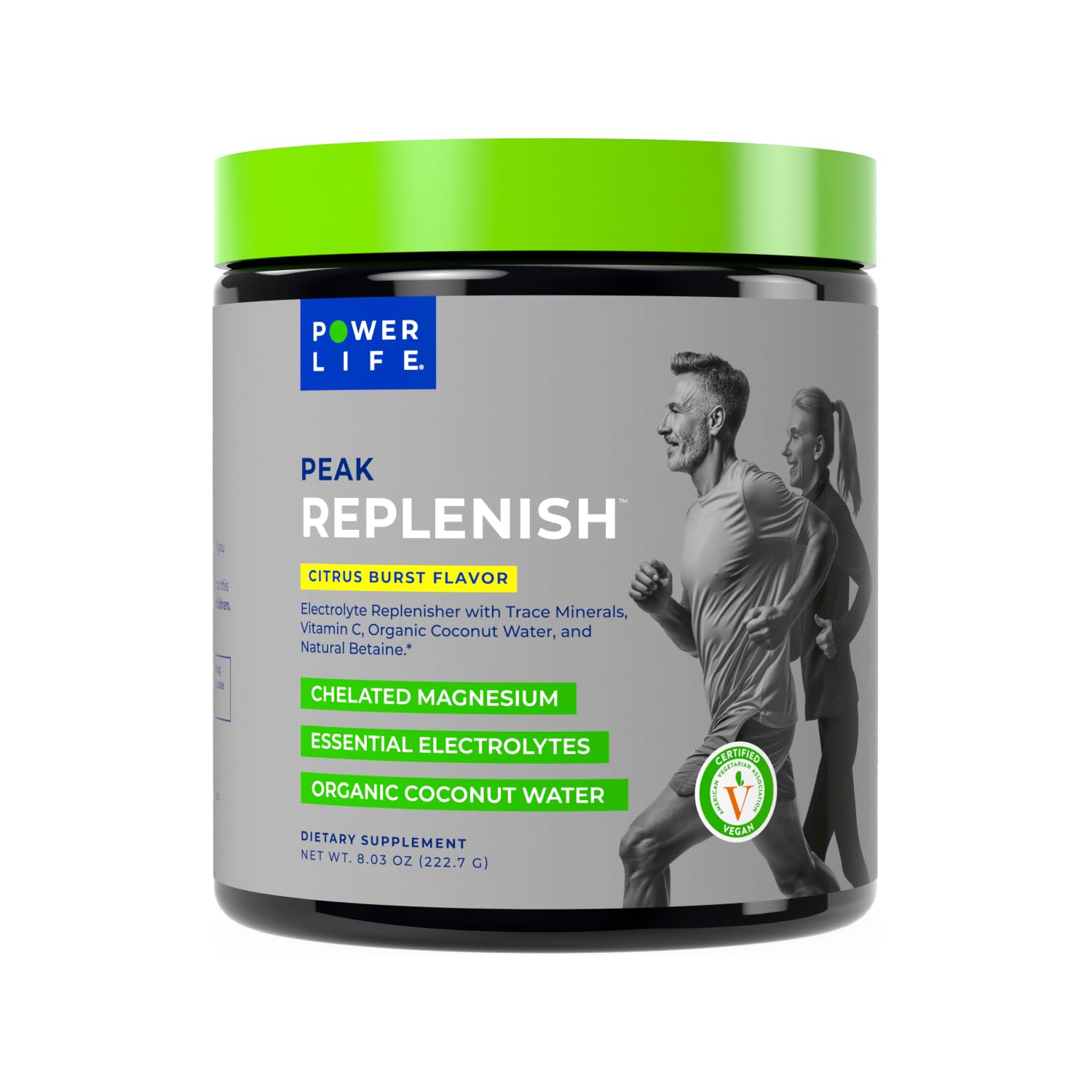 POWERLIFE Peak Replenish bottle front showing label and hydration focus for workouts