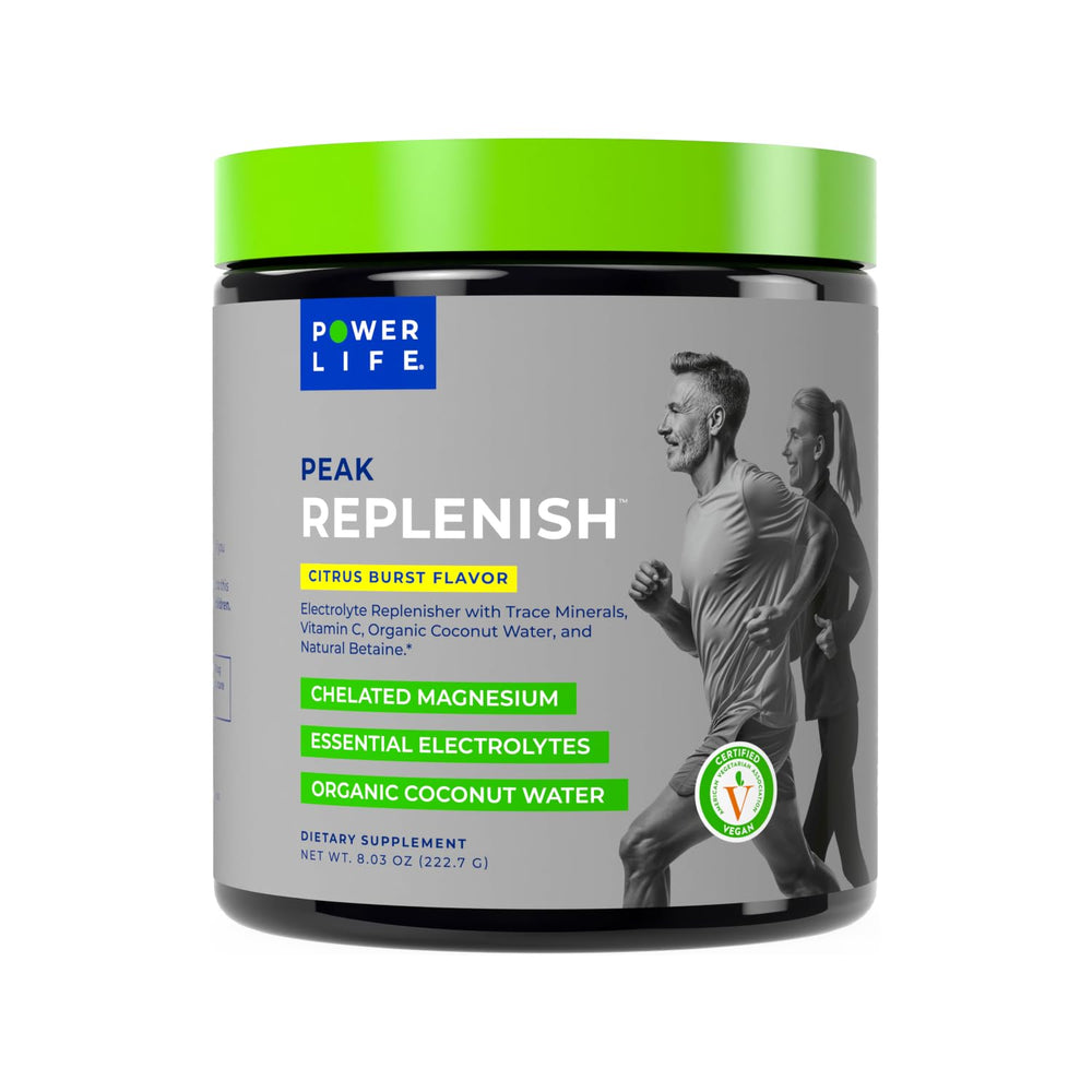 POWERLIFE Peak Replenish bottle front showing label and hydration focus for workouts