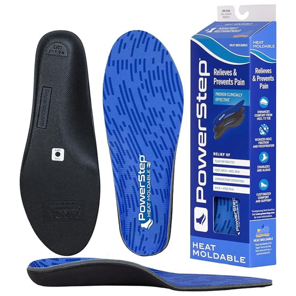 PowerStep heat moldable insoles with arch support for a customized fit.