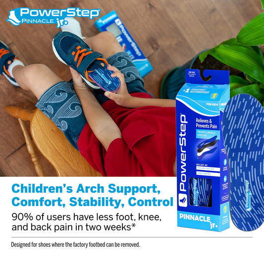 PowerStep Pinnacle Jr neutral arch support stabilizes growing feet during activity.