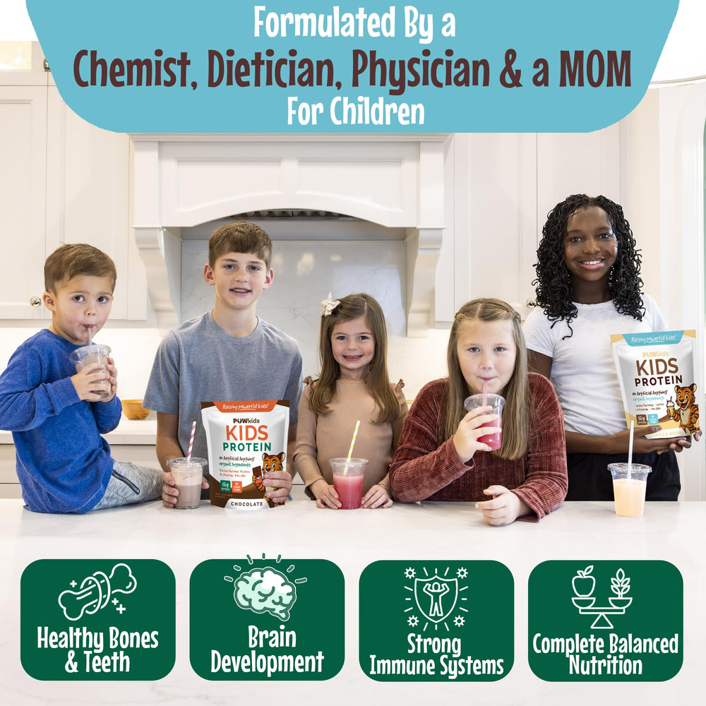POWkids vanilla kids protein shake tub shown, ideal for family breakfasts and snacks.
