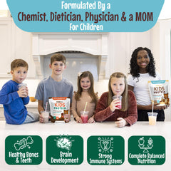POWkids vanilla kids protein shake tub shown, ideal for family breakfasts and snacks.