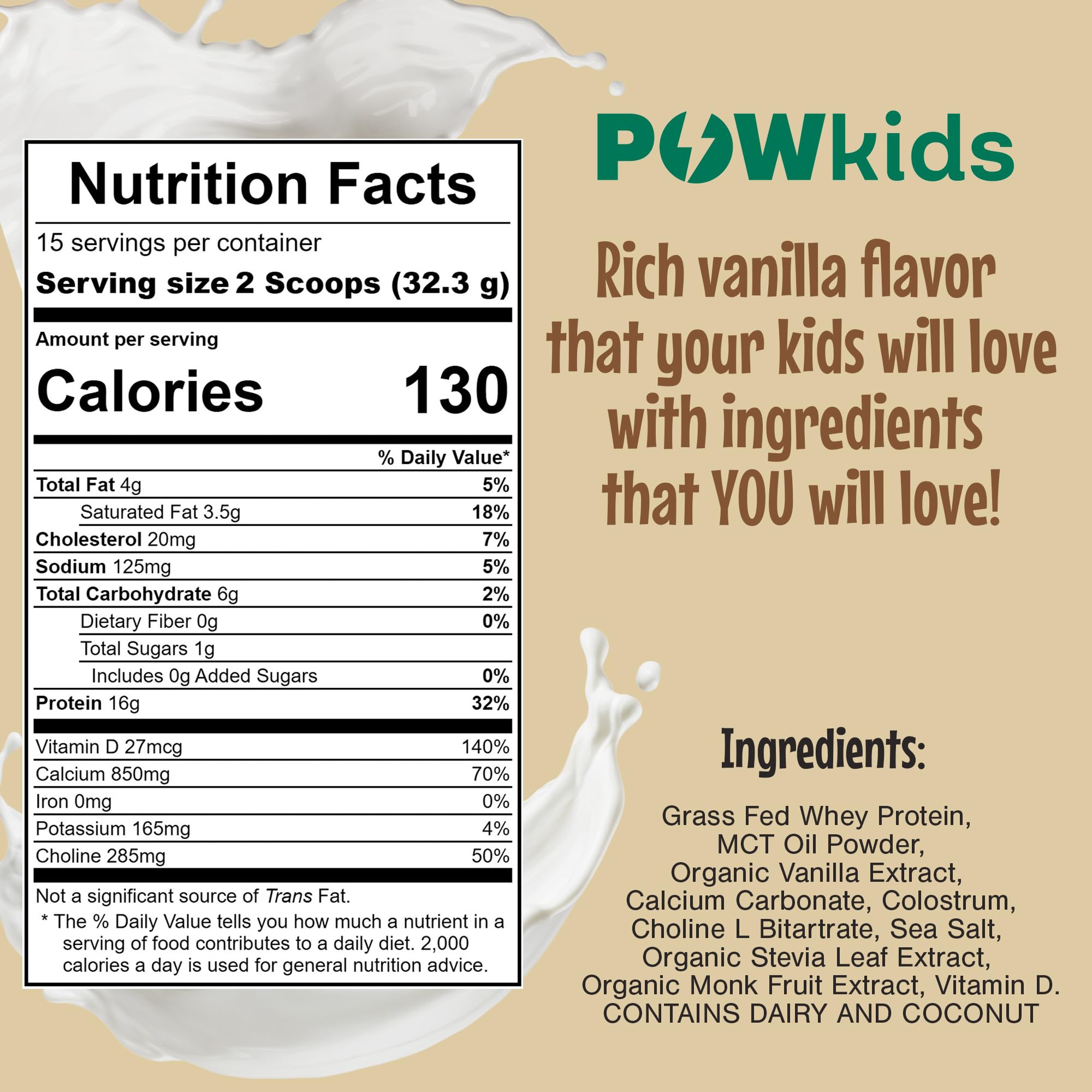 POWkids no-added-sugar organic-sourcing label emphasizes clean, parent-friendly nutrition.