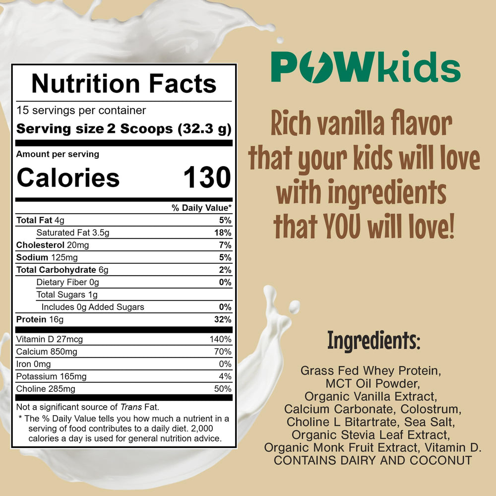 POWkids no-added-sugar organic-sourcing label emphasizes clean, parent-friendly nutrition.