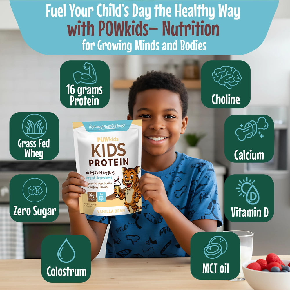 POWkids vanilla extract label shows organic ingredients for clean nutrition.