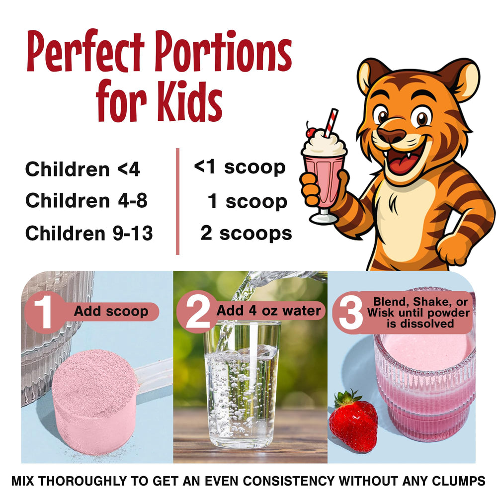 POWkids strawberry ingredients panel showcases grass-fed whey and essential nutrients.