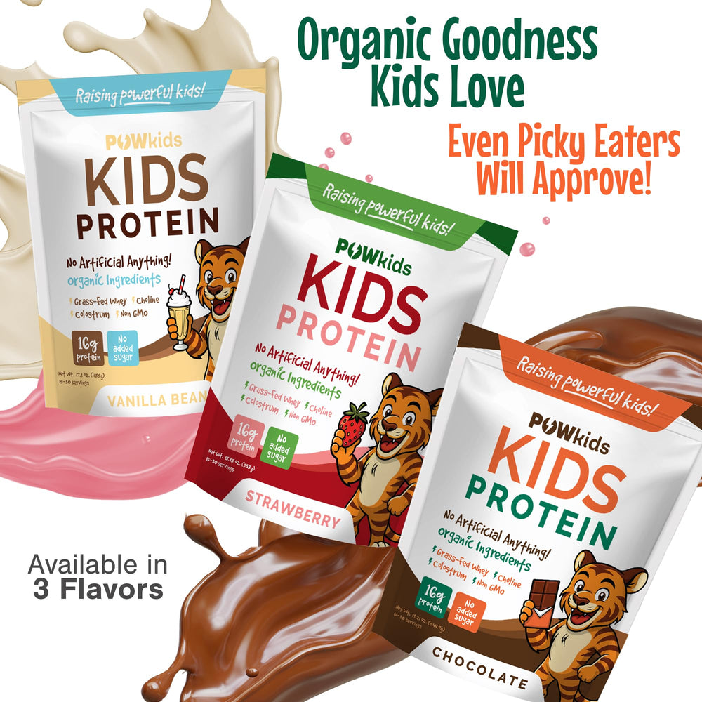POWkids strawberry protein scoop emphasizes 16g protein per serving for growing kids.