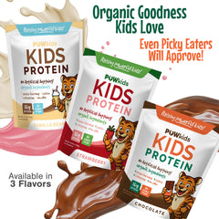 POWkids strawberry protein scoop emphasizes 16g protein per serving for growing kids.
